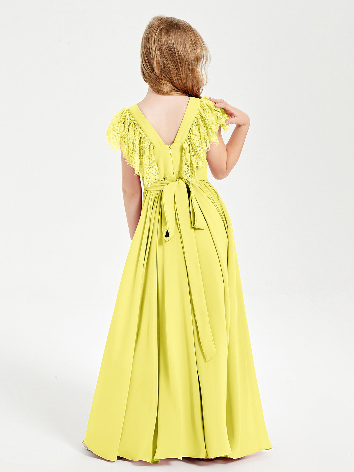 Chiffon Junior Bridesmaid Dresses with Lace Flutter Sleeves Lemon